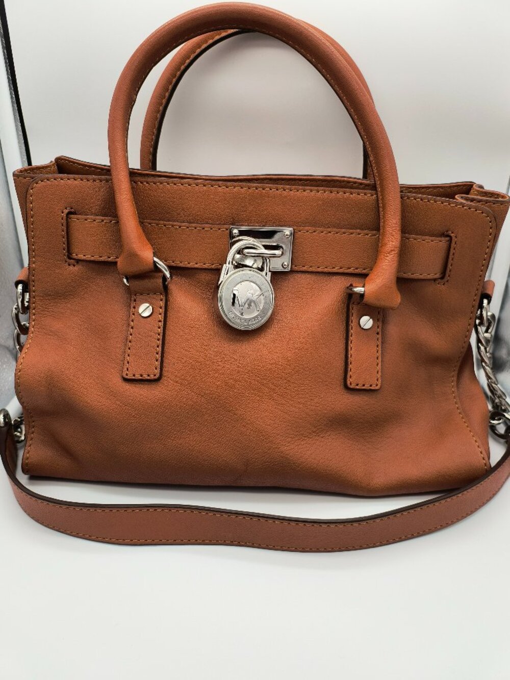 Michael Kors Cognac Leather Satchel – Top Snap Closure – Silver Hardware